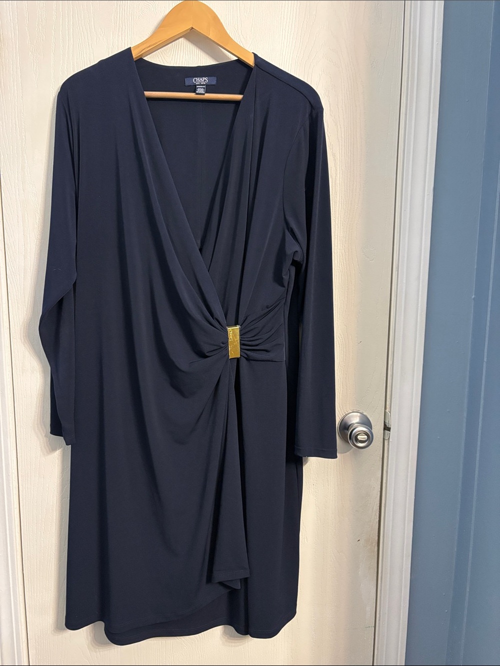 Chaps Navy Faux-Wrap Midi Dress with Gold Accent Buckle